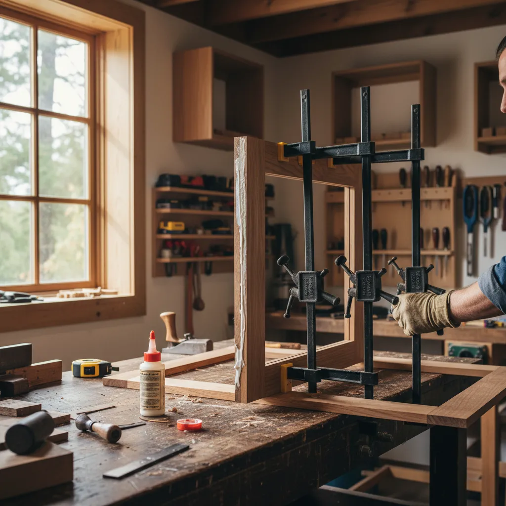 woodworker repairing loose shaker cabinet door frame joint with clamps