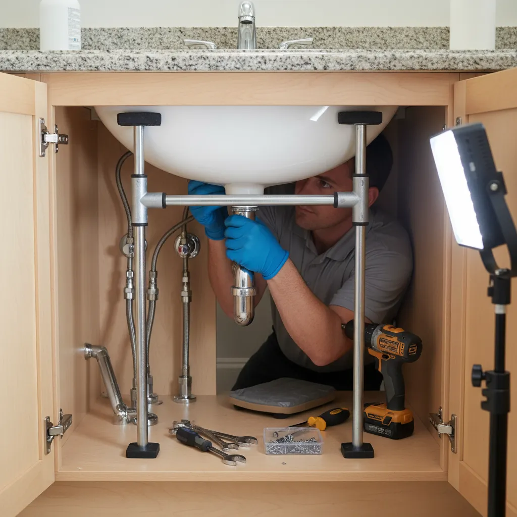 technician supporting and repairing a loose undermount bathroom sink from below