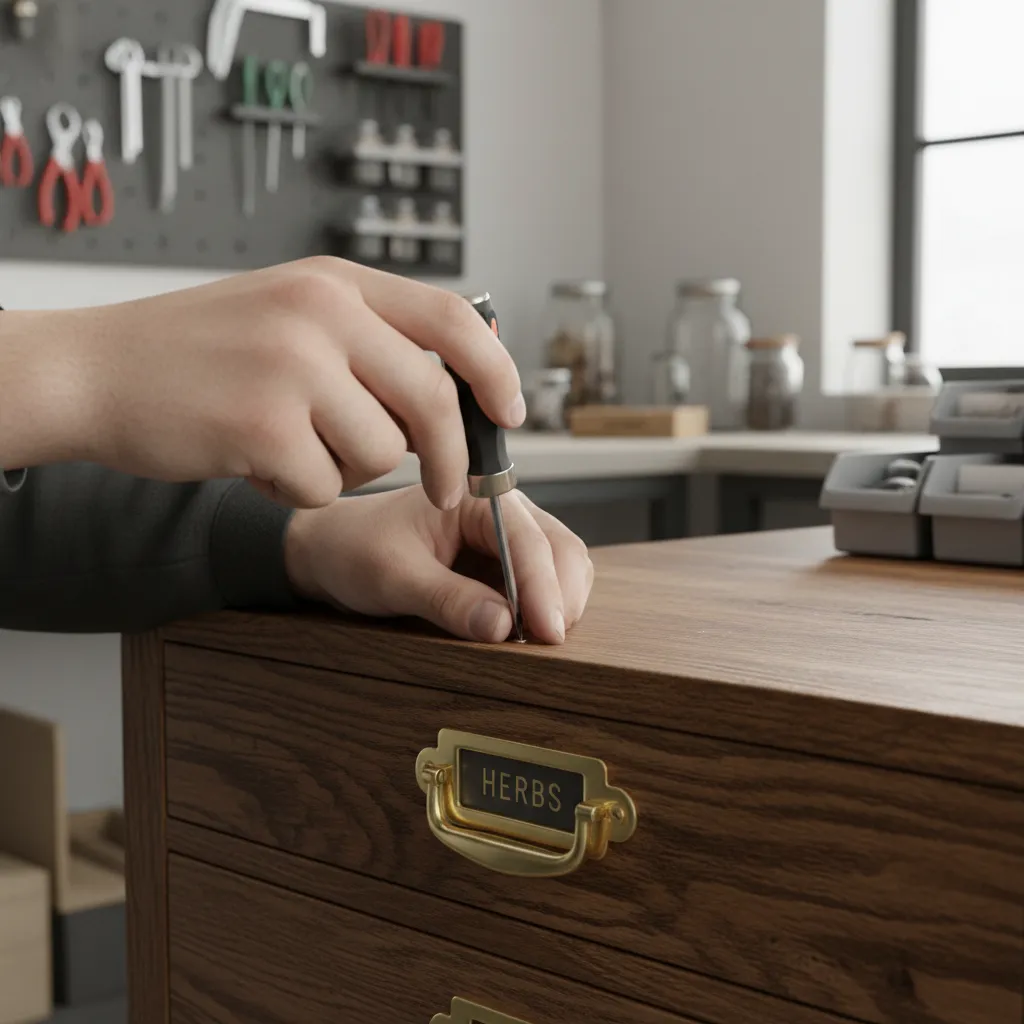Fixing misaligned apothecary drawer pull on wooden cabinet