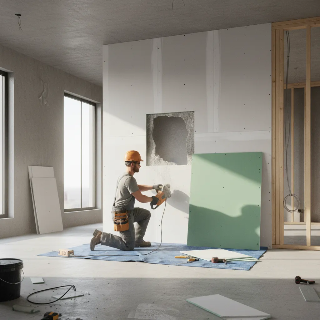 Contractor replacing a section of moisture damaged drywall panel