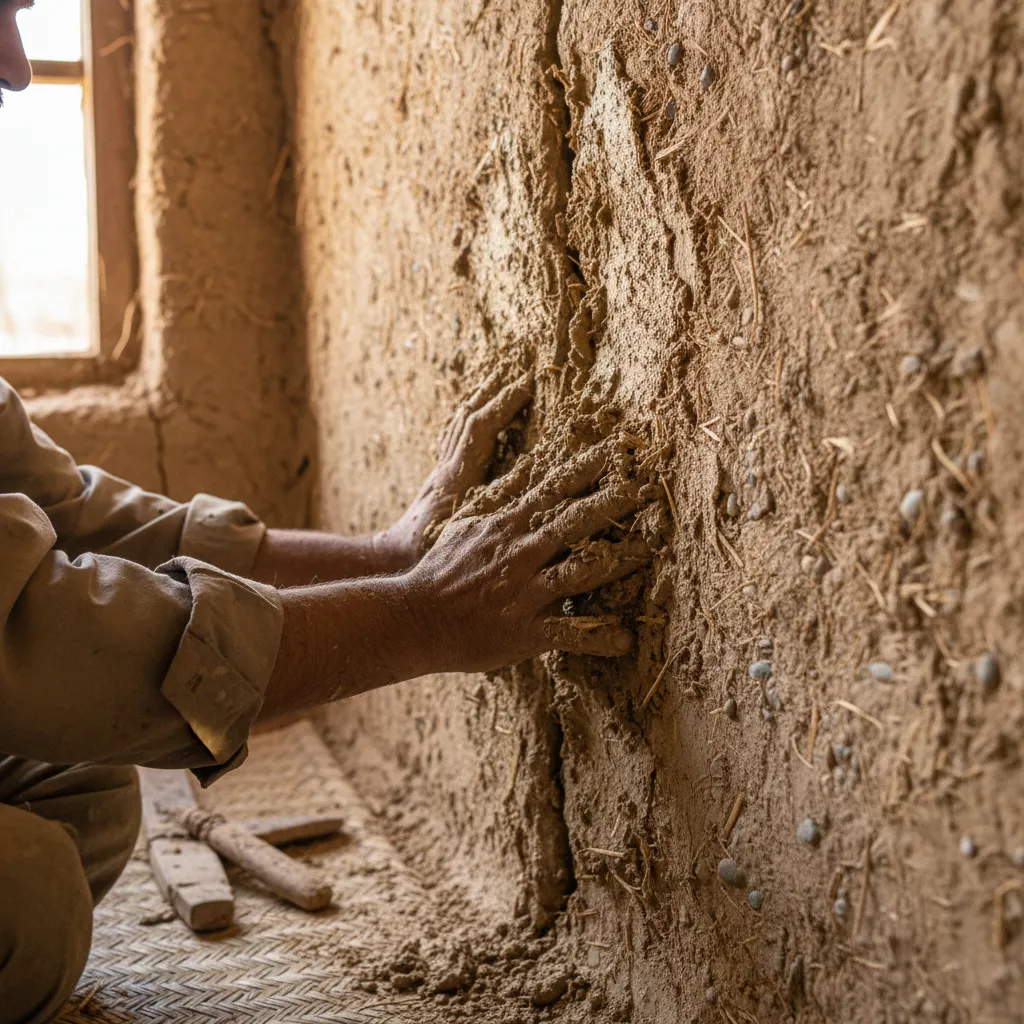 Applying mud plaster mixture to repair cracks in mud house wall