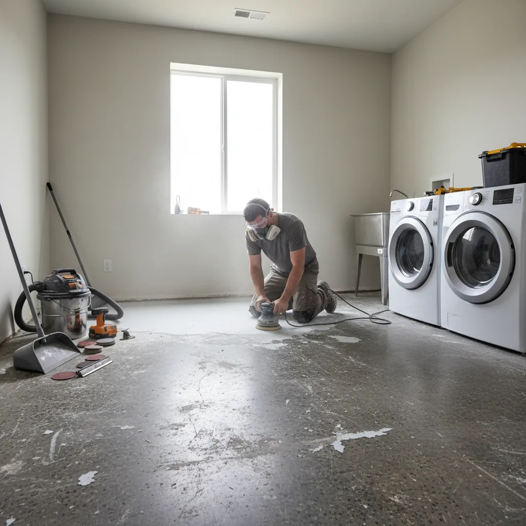 Person sanding and repairing peeling paint on a concrete laundry room floor