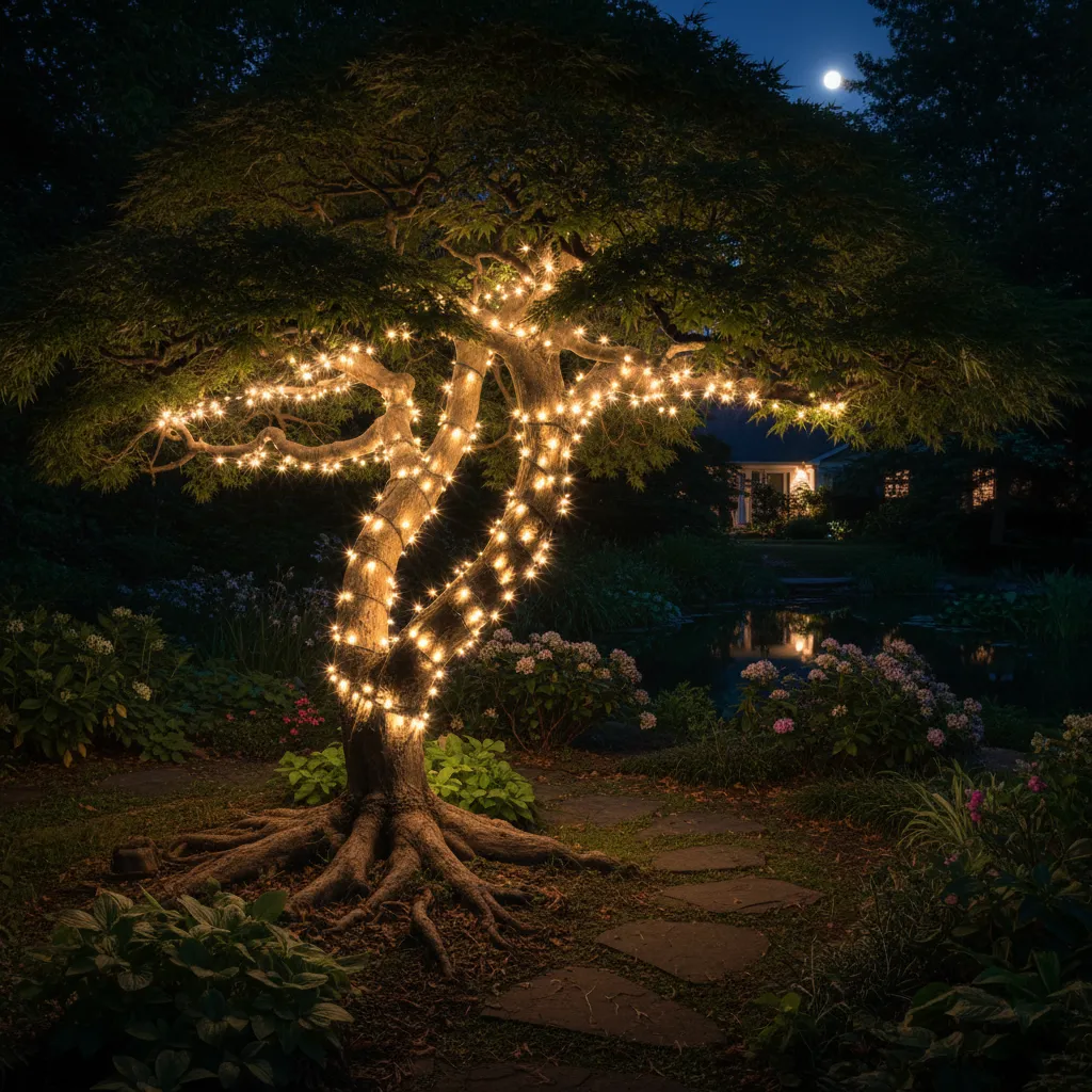 Outdoor string lights with half the bulbs lit during troubleshooting