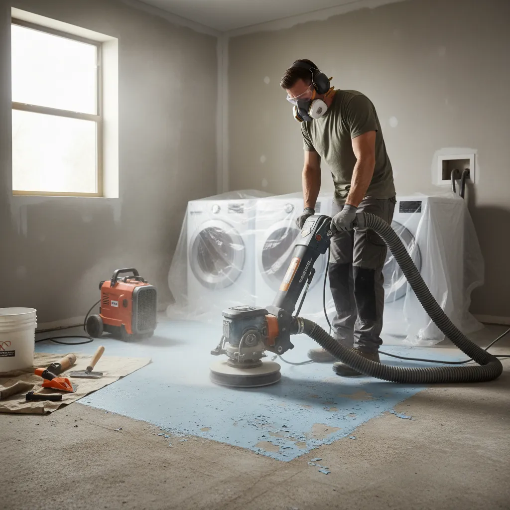 Contractor grinding peeling paint from a concrete laundry room floor before recoating