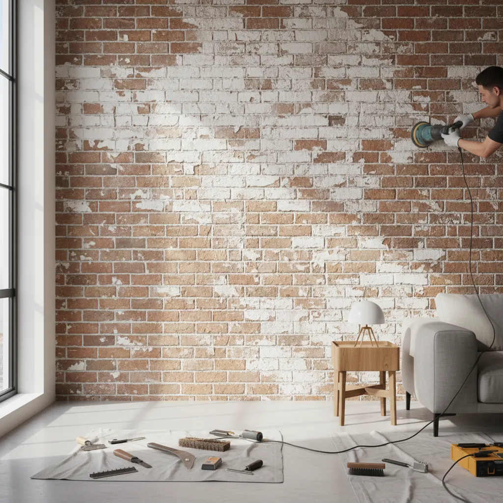 repairing peeling whitewash on brick living room wall