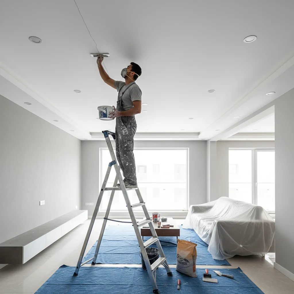 Worker repairing small POP ceiling crack with filler and sanding tools