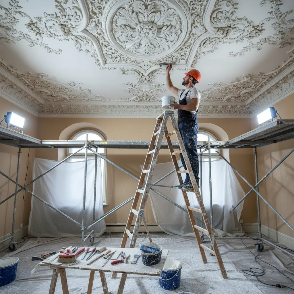 Craftsman repairing decorative plaster molding on ceiling