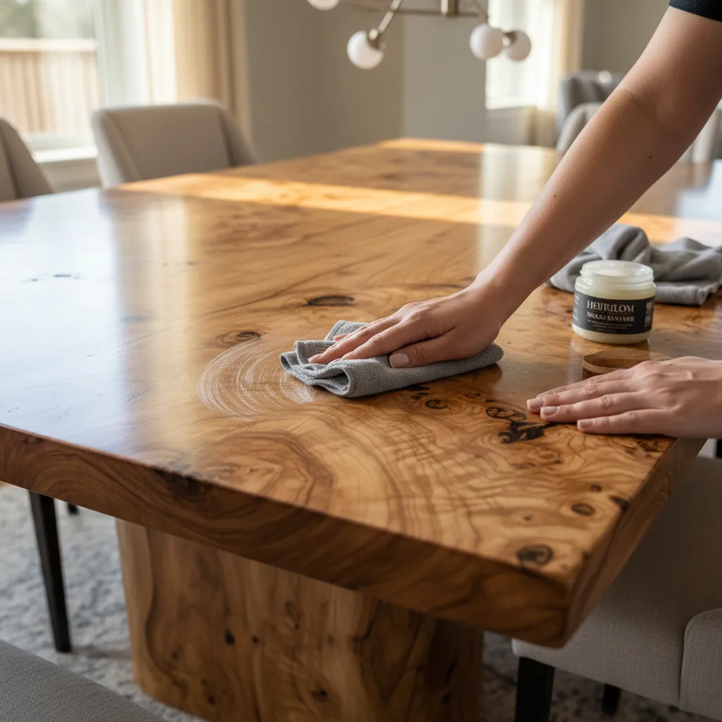 hand polishing small scratch on burl wood dining table