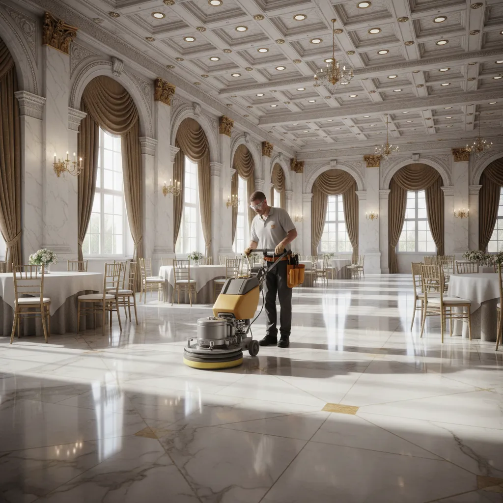 Technician polishing scratched stone flooring inside a banquet hall