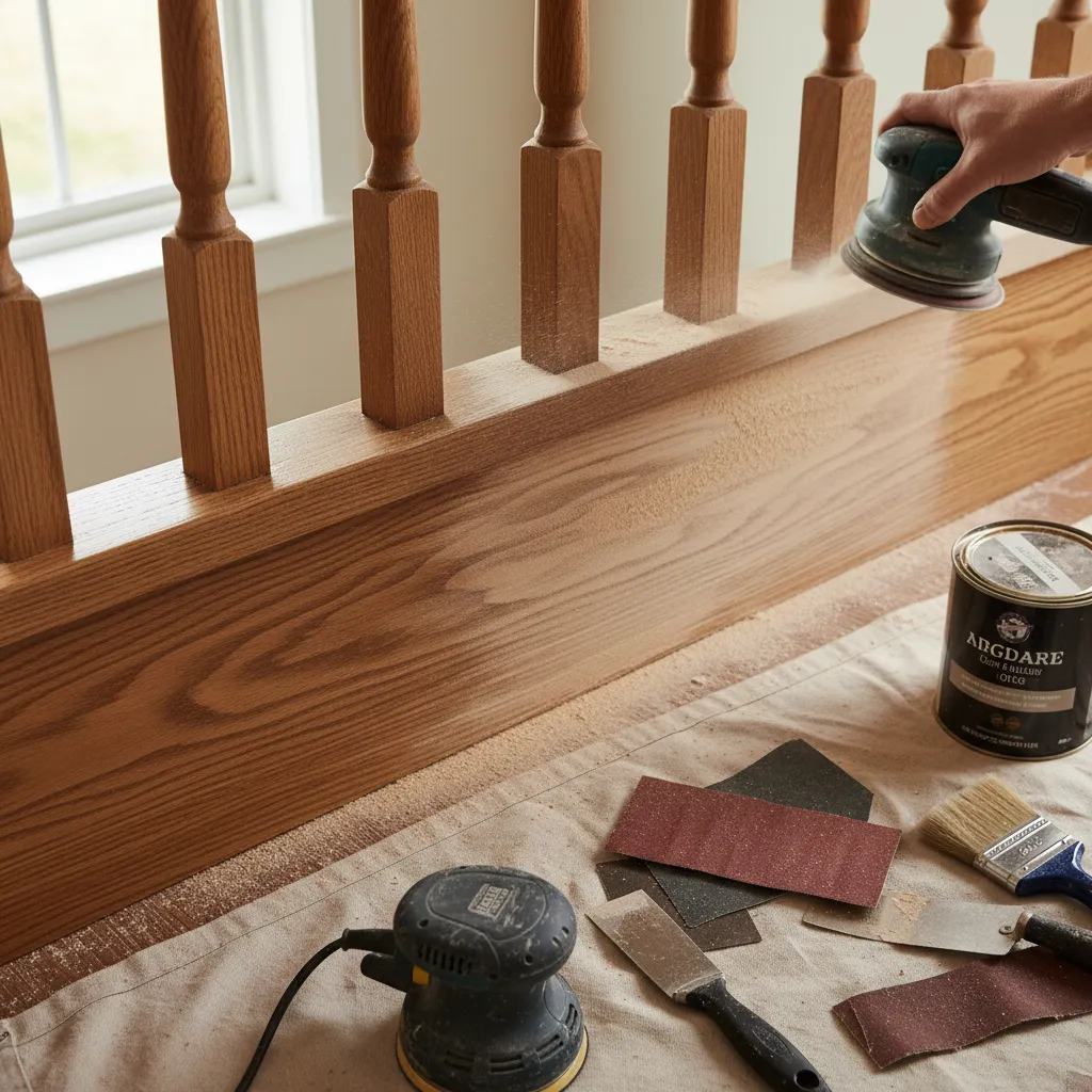repairing scratched wooden decorative banister surface