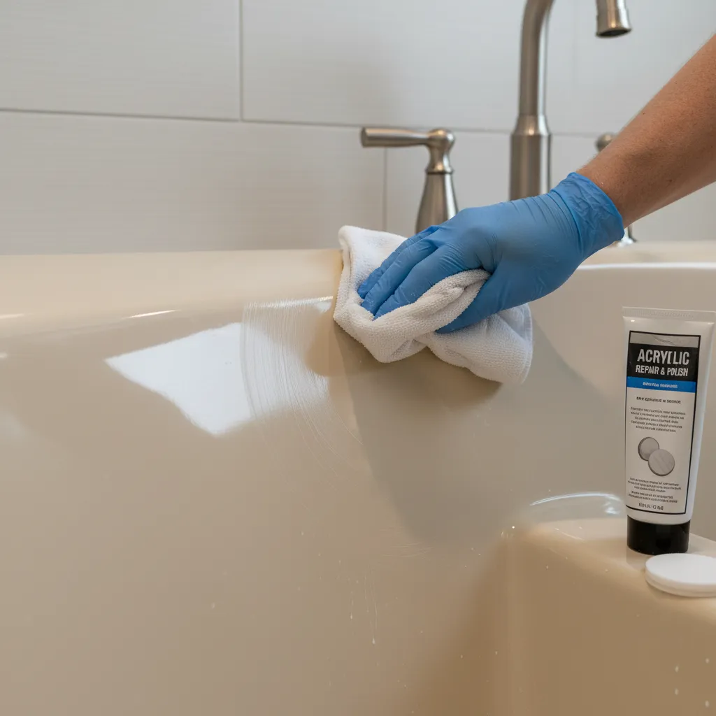 repairing scratches on almond bathtub surface with polishing compound