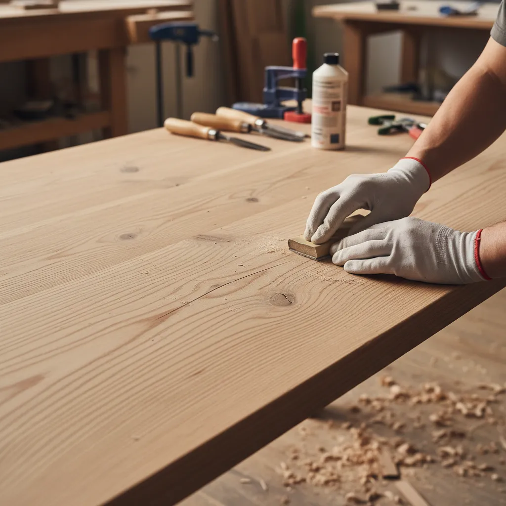 Person wearing white gloves sanding a light wood table surface using a small manual tool