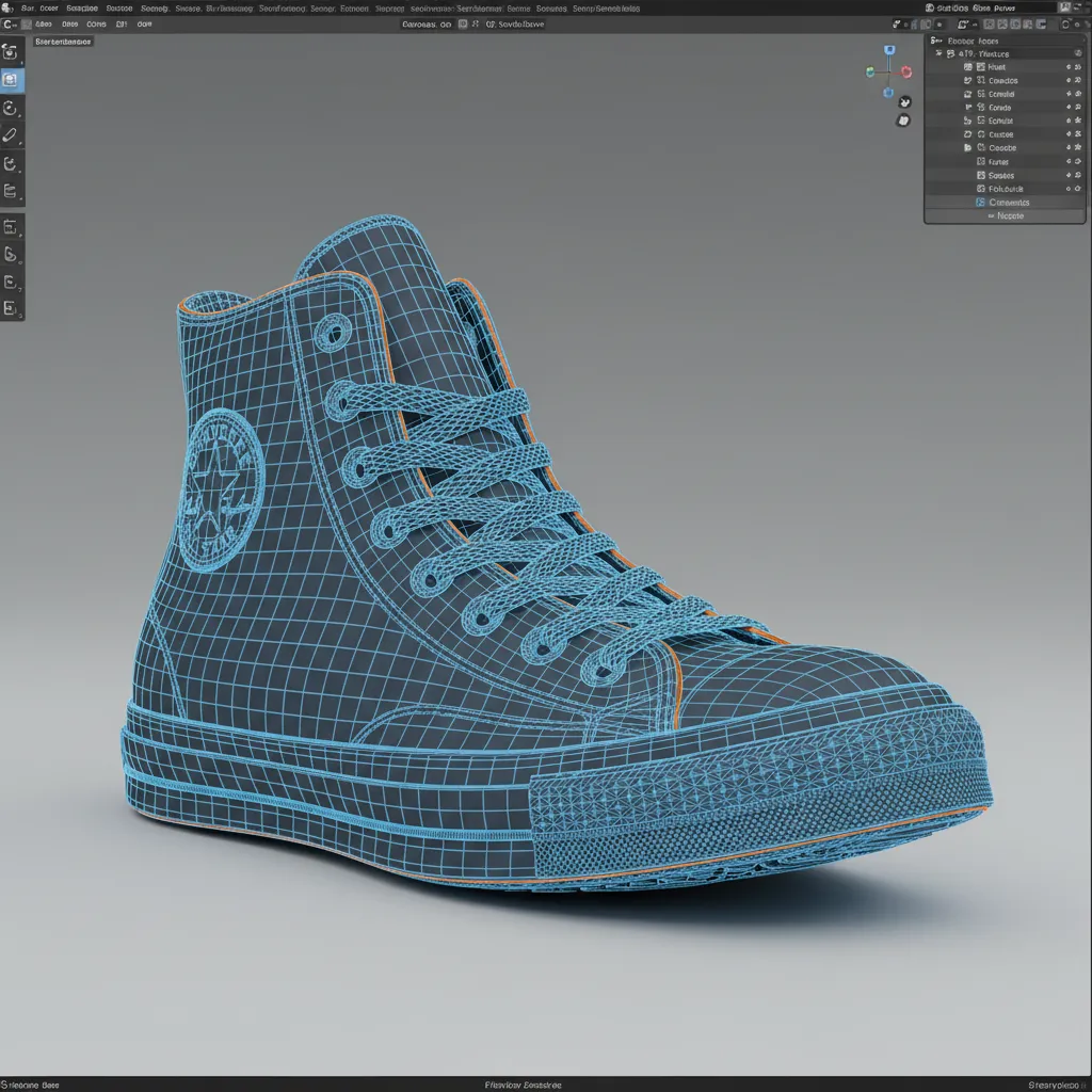 Close-up wireframe view of sneaker mesh topology during repair