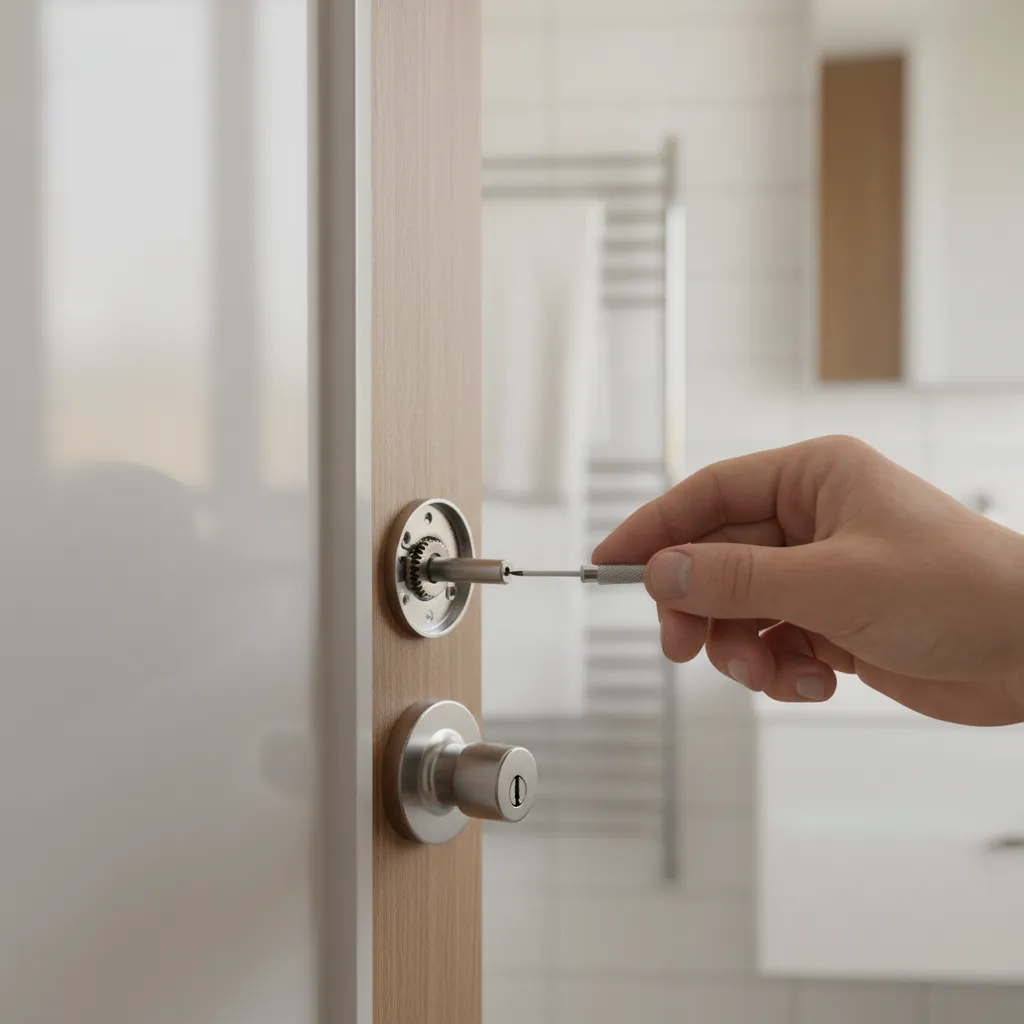 Person adjusting spindle inside a bathroom thumb turn lock mechanism