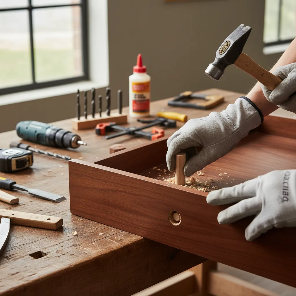 Wood dowel repair method for stripped cabinet screw hole