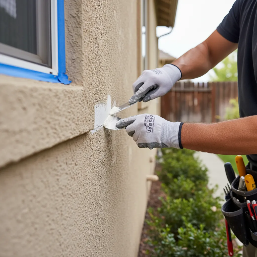 Worker repairing cracks on stucco wall before painting
