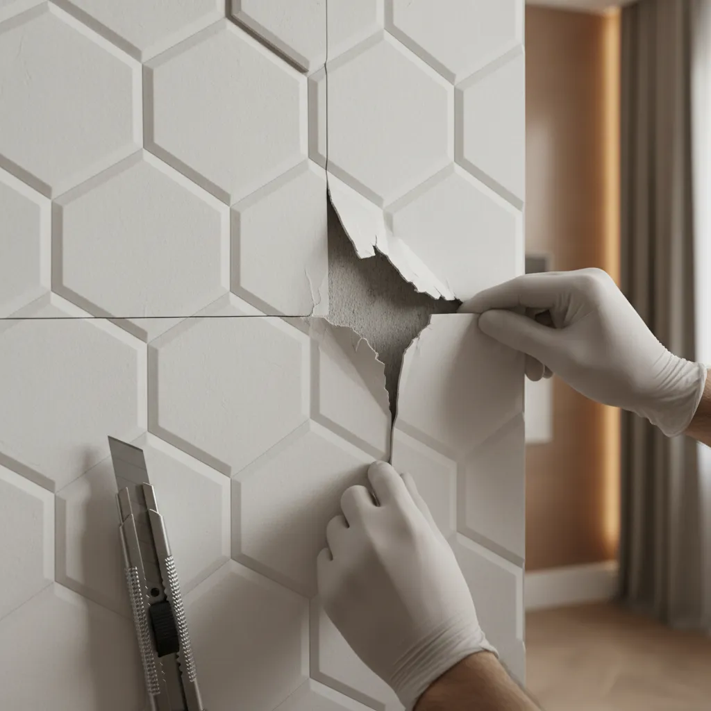 patch repair process on damaged textured 3D wallpaper panel