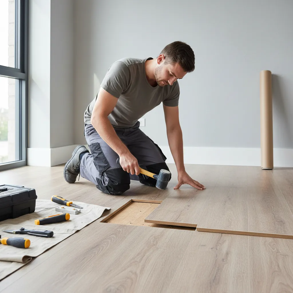 installer repairing separated vinyl plank flooring