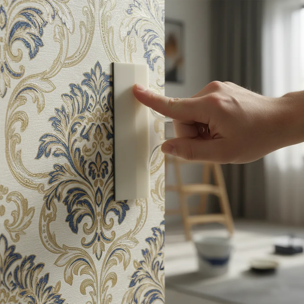 Close-up of fixing wallpaper bubble with smoothing tool