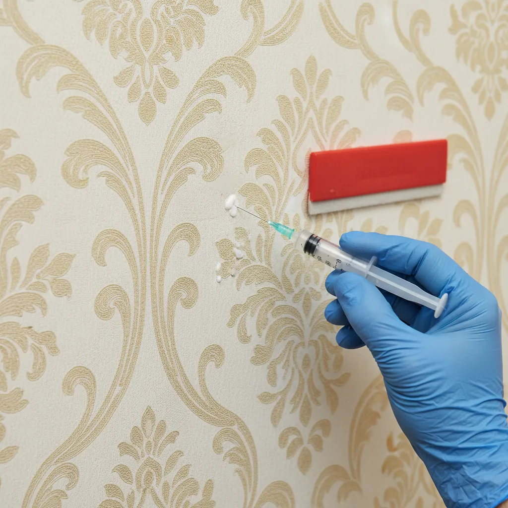 Repairing air bubbles in damask wallpaper using syringe adhesive method