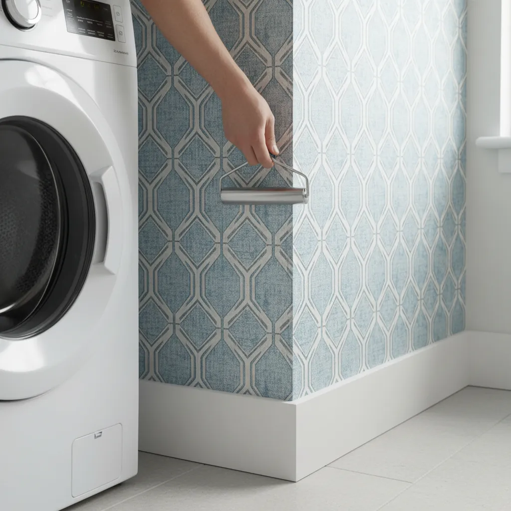Repairing wallpaper seam using seam roller in laundry room