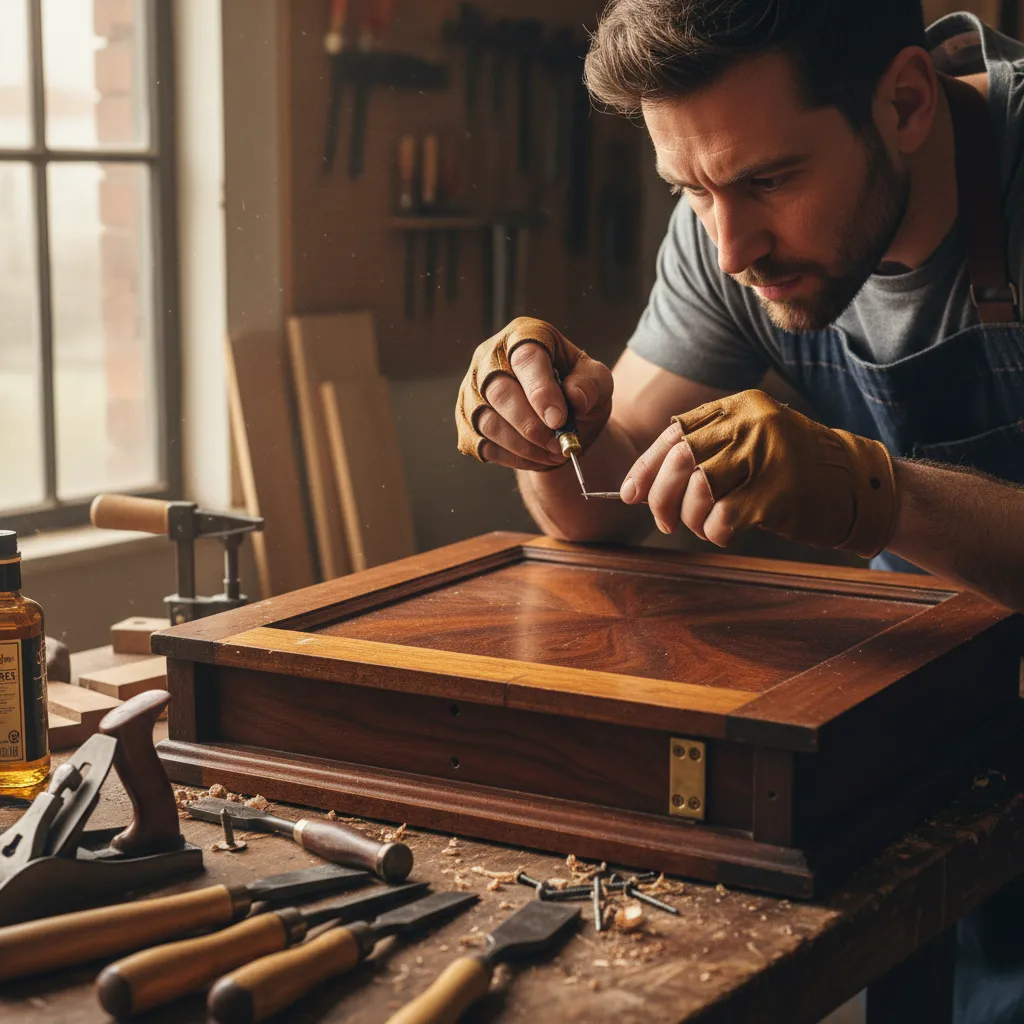craftsperson adjusting warped antique cabinet door hinge