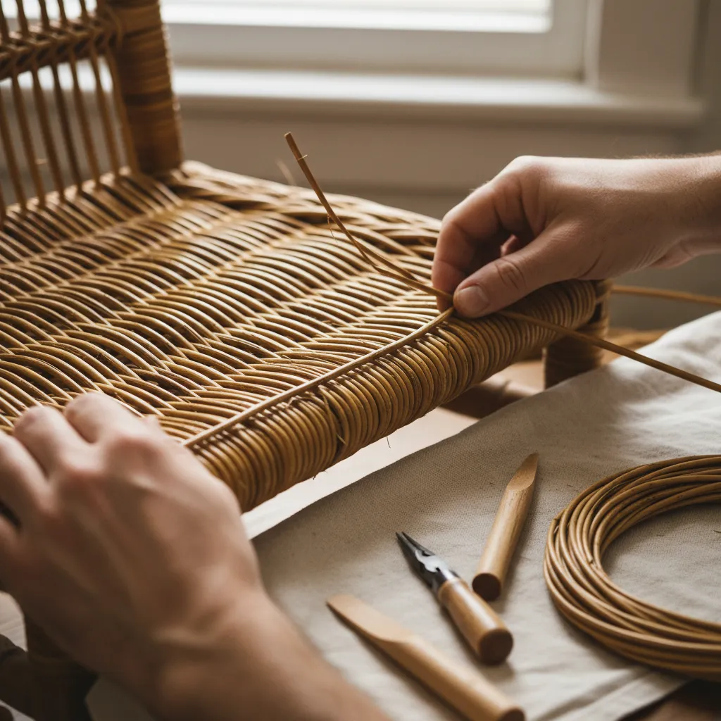 repair process weaving new wicker strands into a chair seat