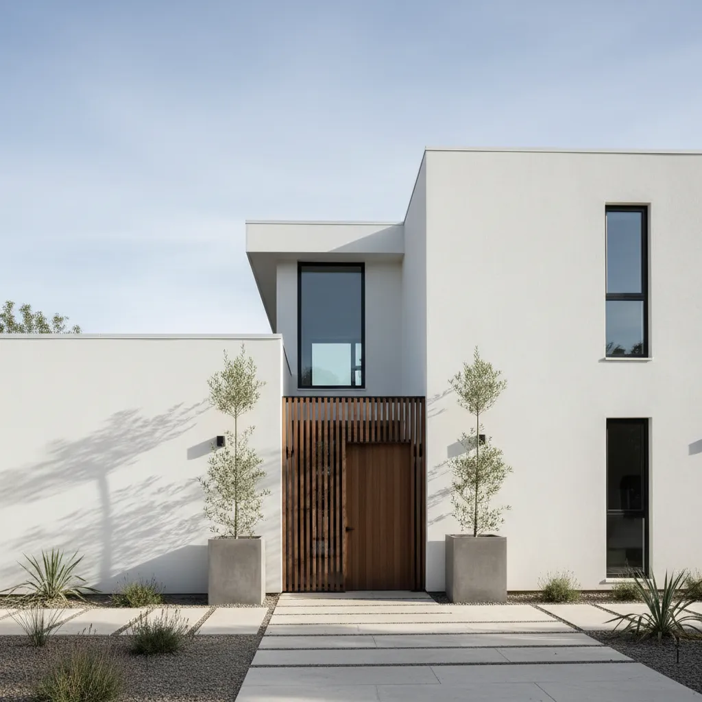 Fachada moderna con repello liso y diseño minimalista