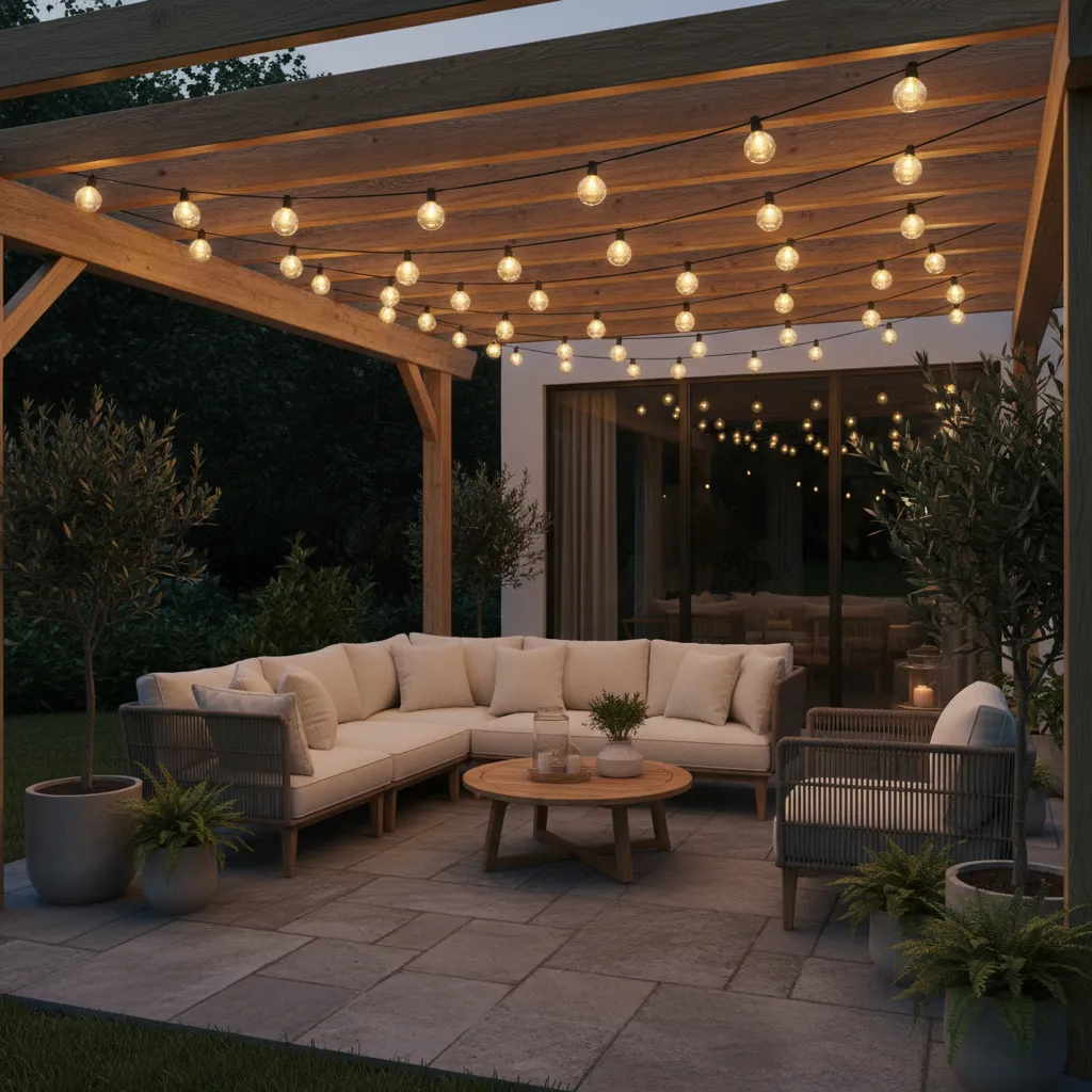 Replaceable bulb patio string lights with visible sockets and screw bulbs