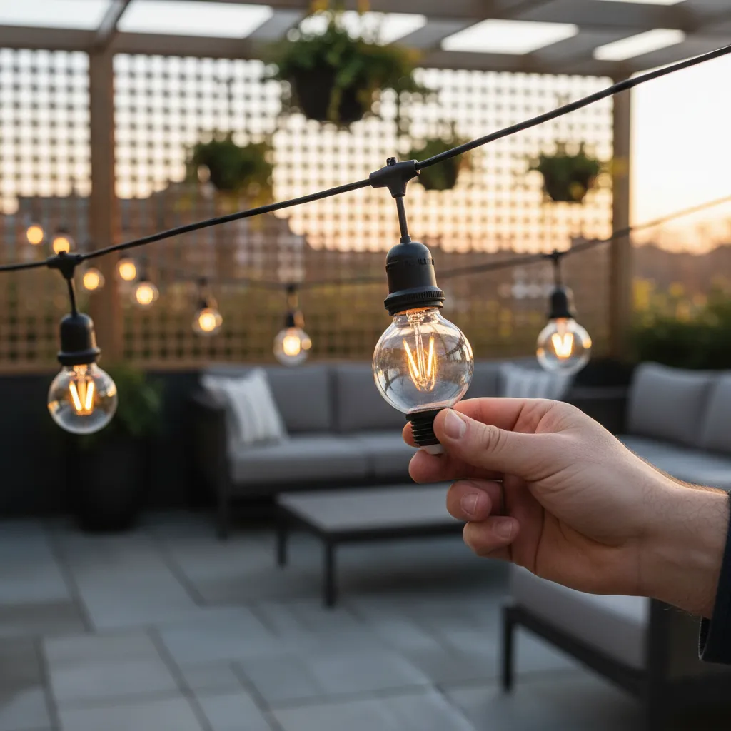 Hand replacing bulb in outdoor bistro string light socket