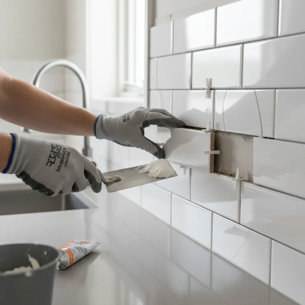repairing cracked backsplash tile in white kitchen wall
