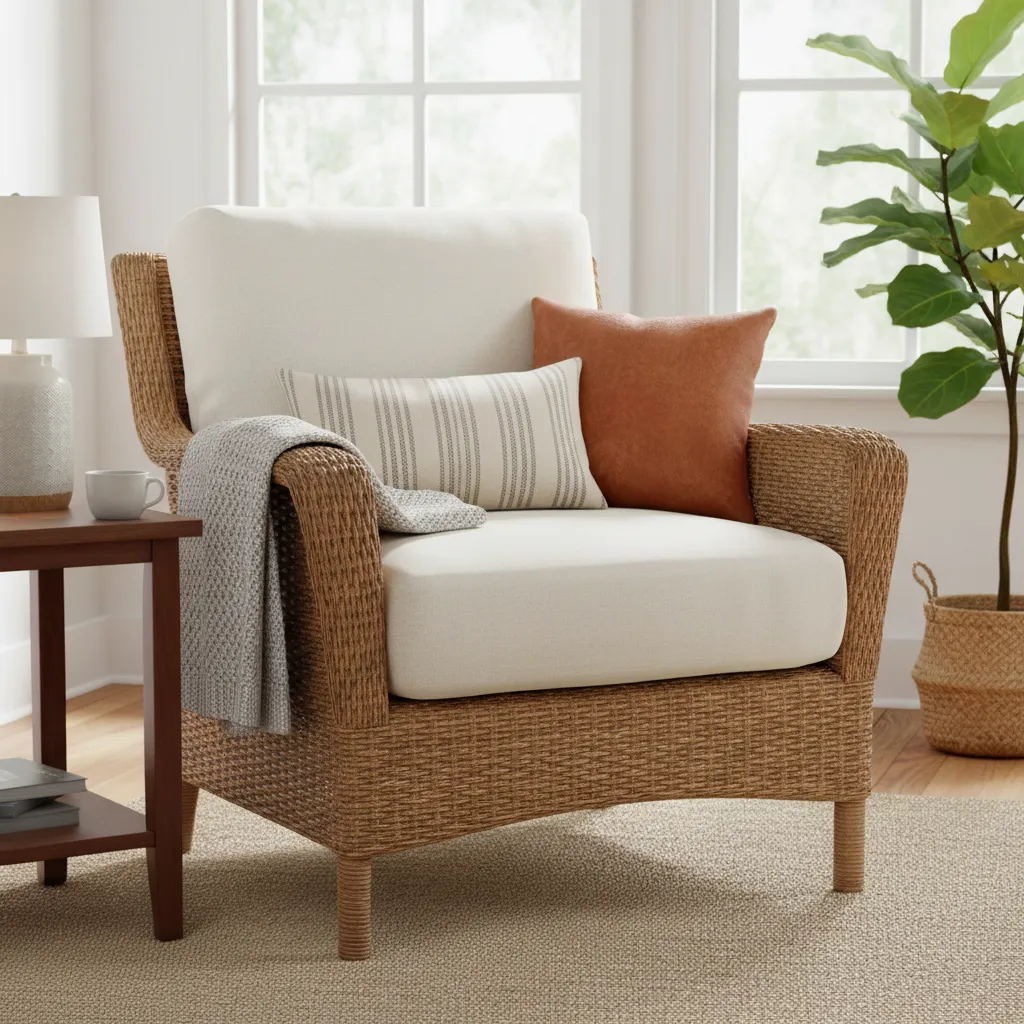 Outdoor wicker chair upgraded with thick indoor cushions