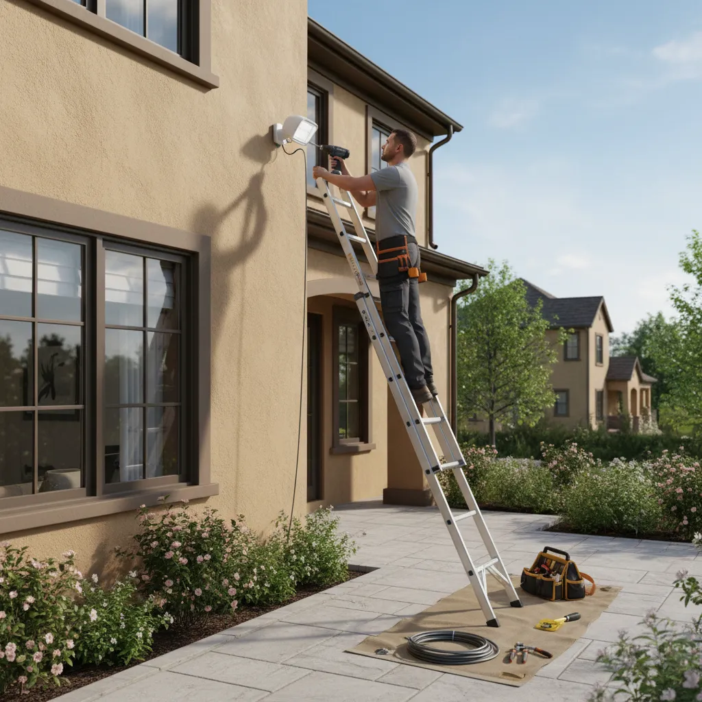 Technician replacing an outdoor motion sensor light fixture