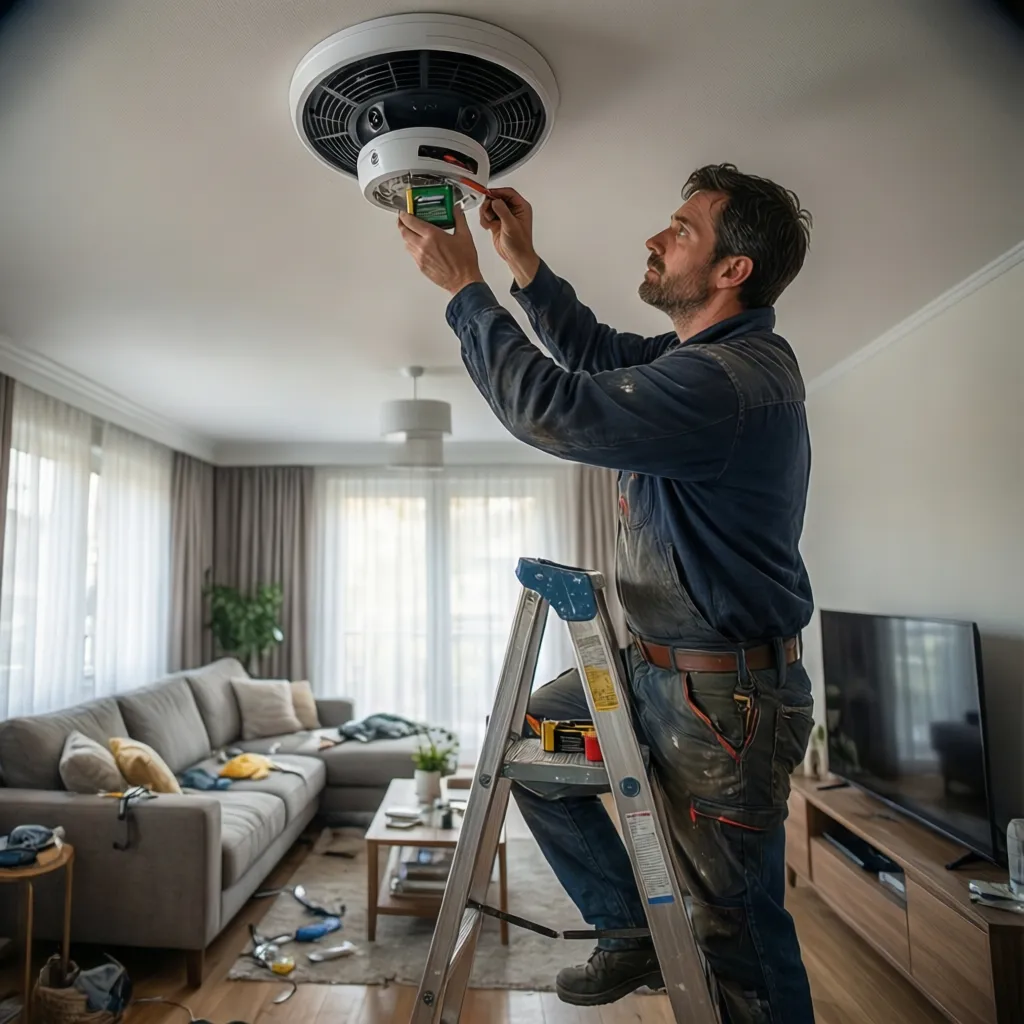 Person replacing battery in ceiling smoke detector during maintenance