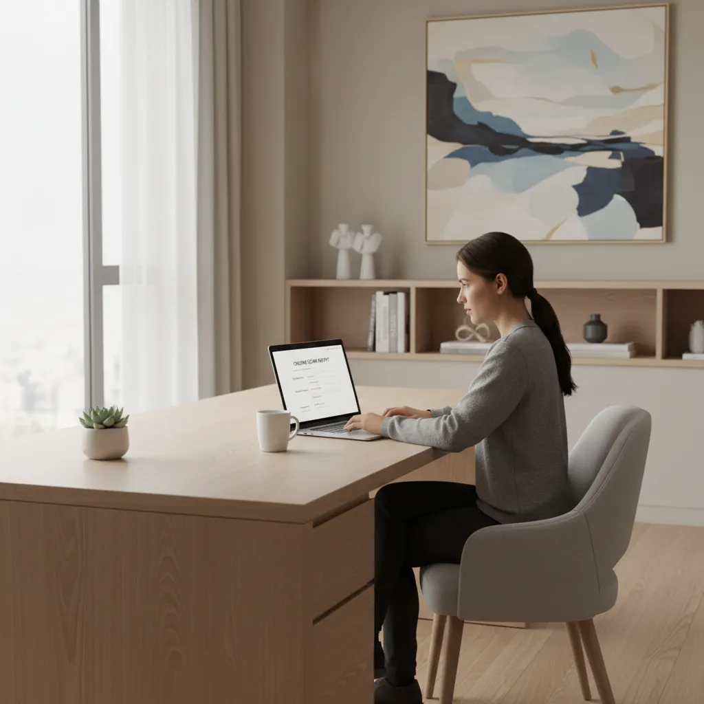 Person reporting online scam using laptop in home office