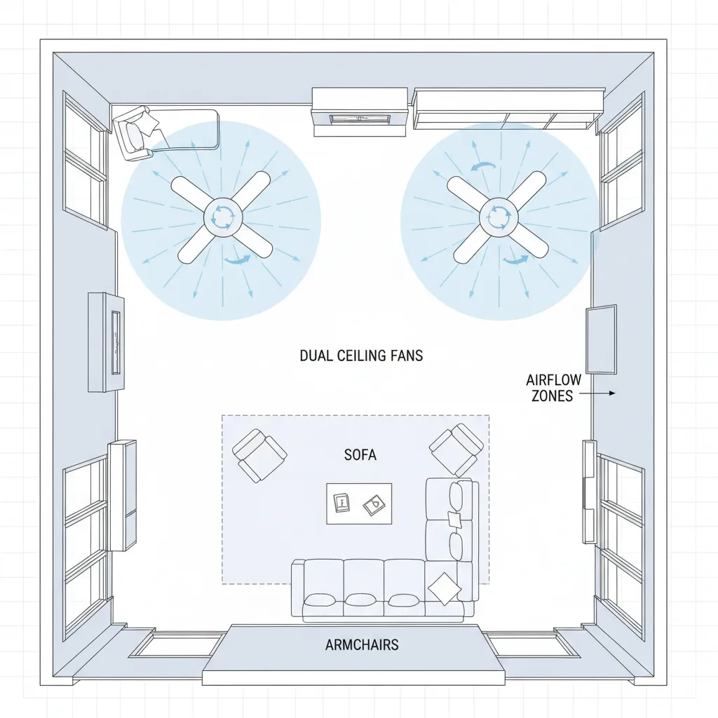 Living room ceiling plan showing repositioned ceiling fan layout