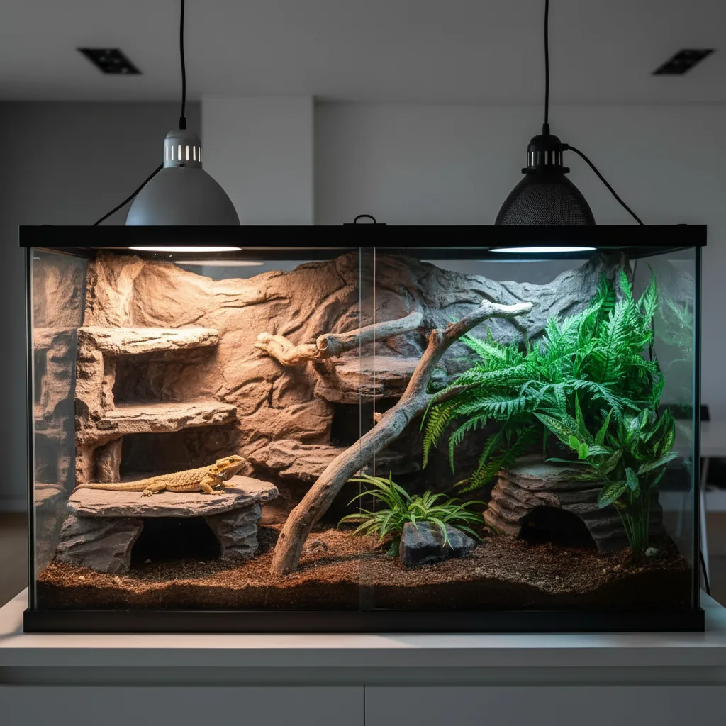 Diagram style reptile enclosure showing basking zone and shaded area lighting layout