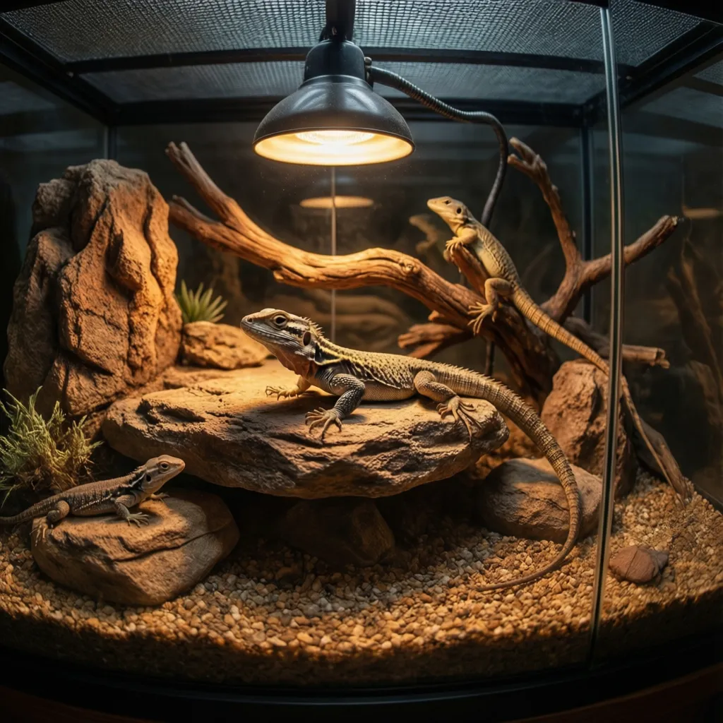 Lizard basking under heat lamp inside terrarium