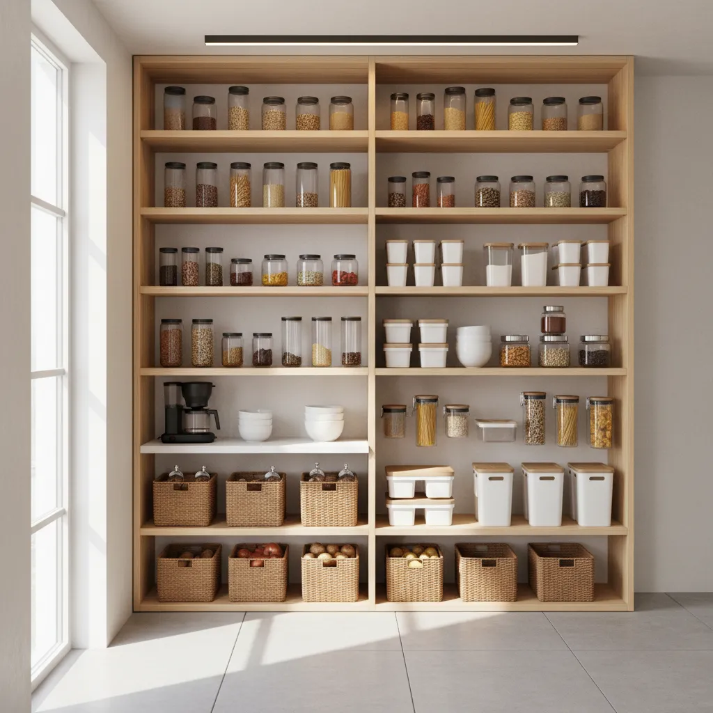 Large wooden kitchen pantry shelving unit filled with glass jars white containers and woven baskets