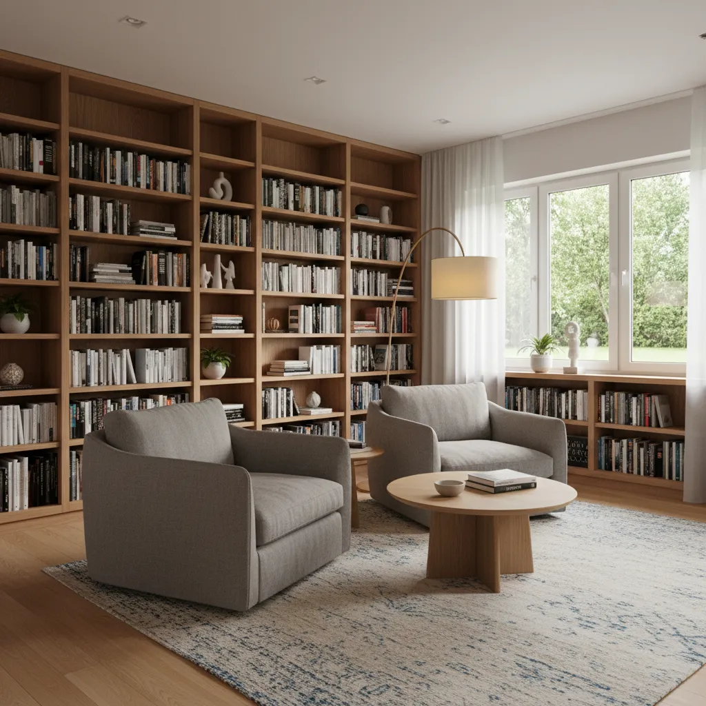 Second living room converted into a reading lounge with bookshelves and comfortable chairs