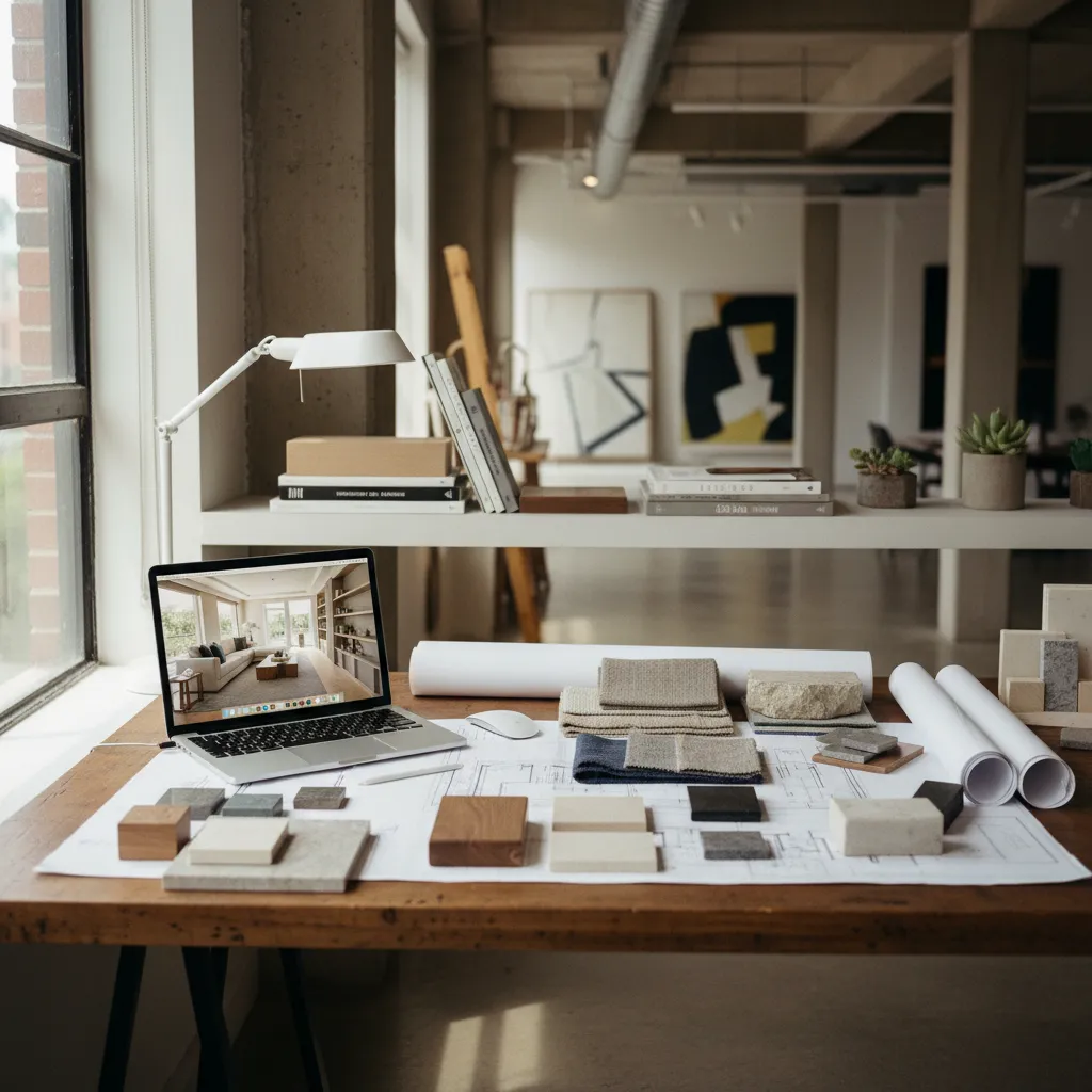 Laptop showing living room design on wooden desk with fabric samples and rolled paper room layout
