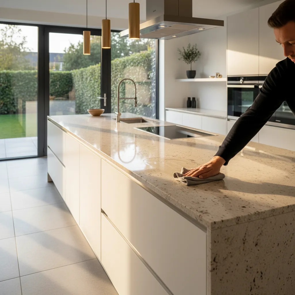 person applying granite sealer on kitchen countertop surface