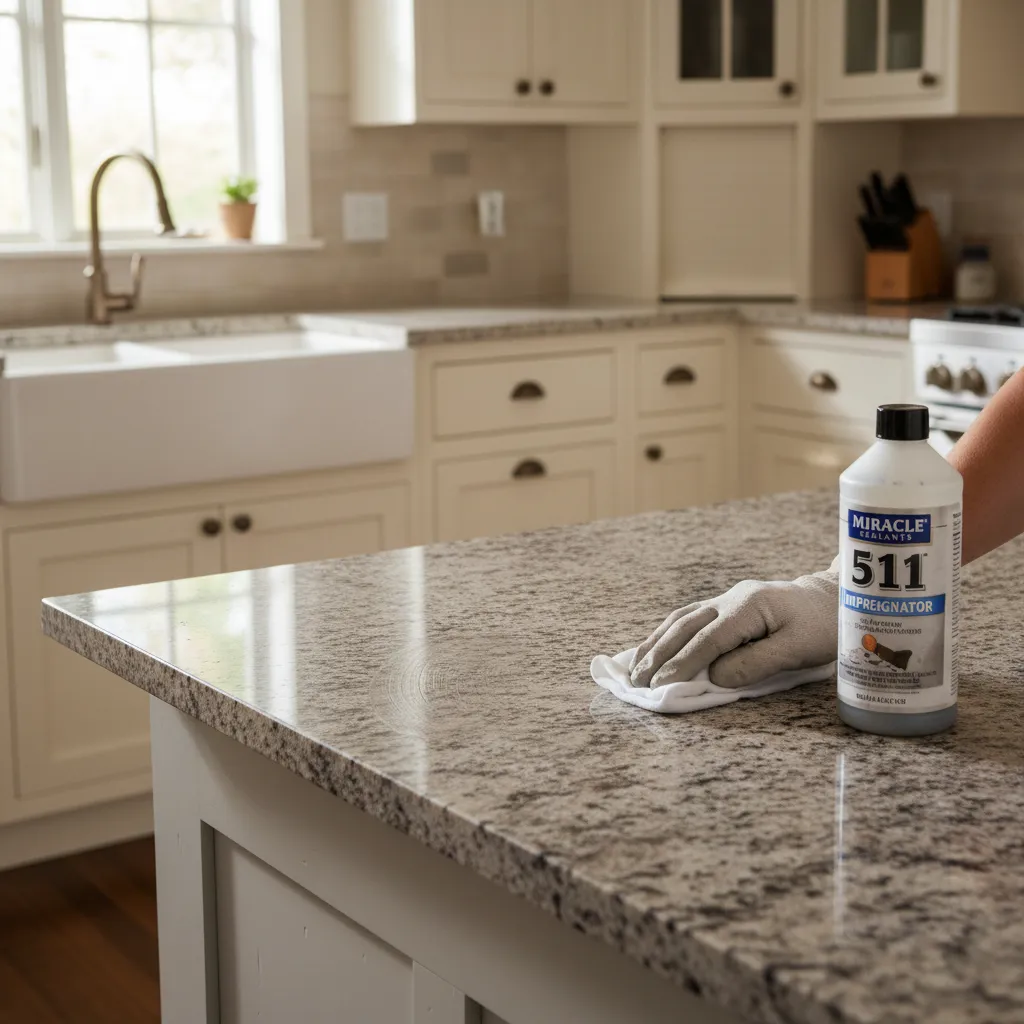 applying sealant to granite countertop in farmhouse kitchen