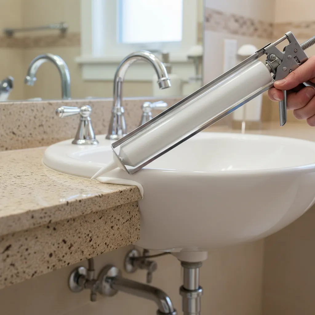 applying silicone sealant to reseal undermount bathroom sink edge