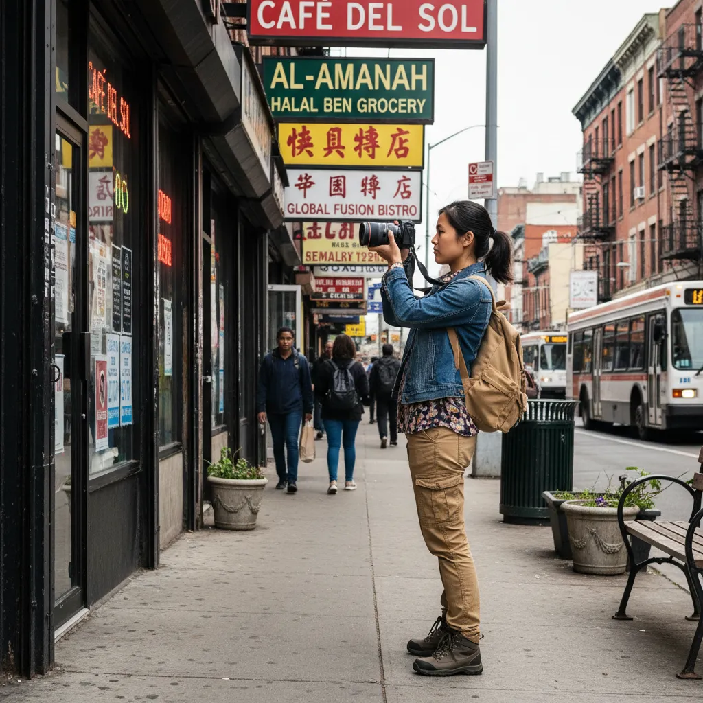 researcher photographing multilingual signage for linguistic landscape study