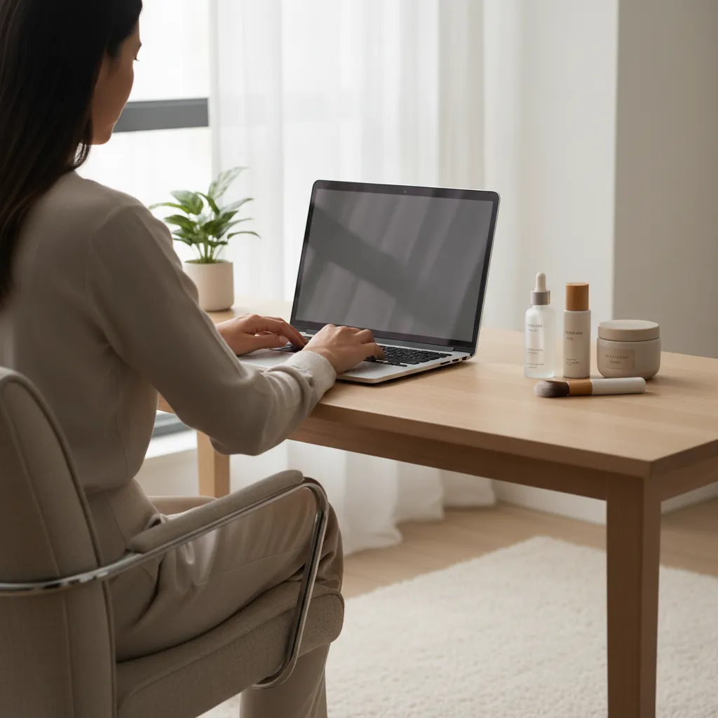 Person researching cruelty free cosmetics information on laptop