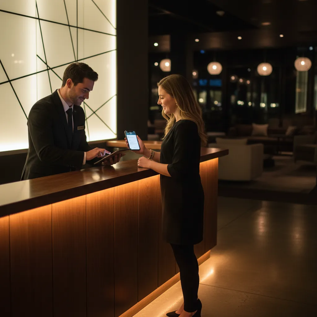 Guest showing reservation confirmation at venue entrance desk