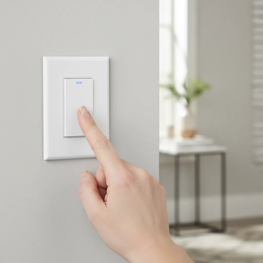 hand holding leviton smart switch paddle to reset device