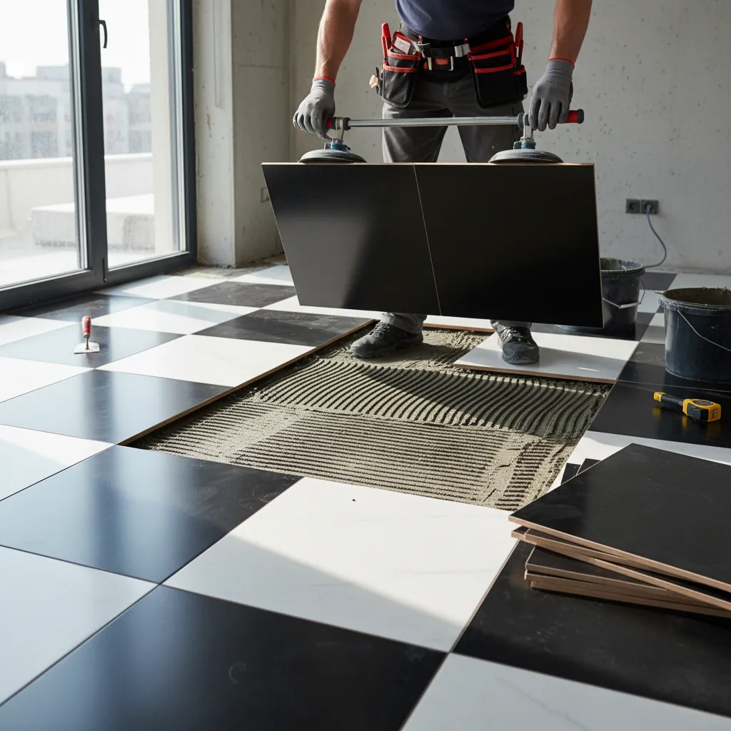 installer lifting a checkerboard floor tile using suction tool for leveling repair