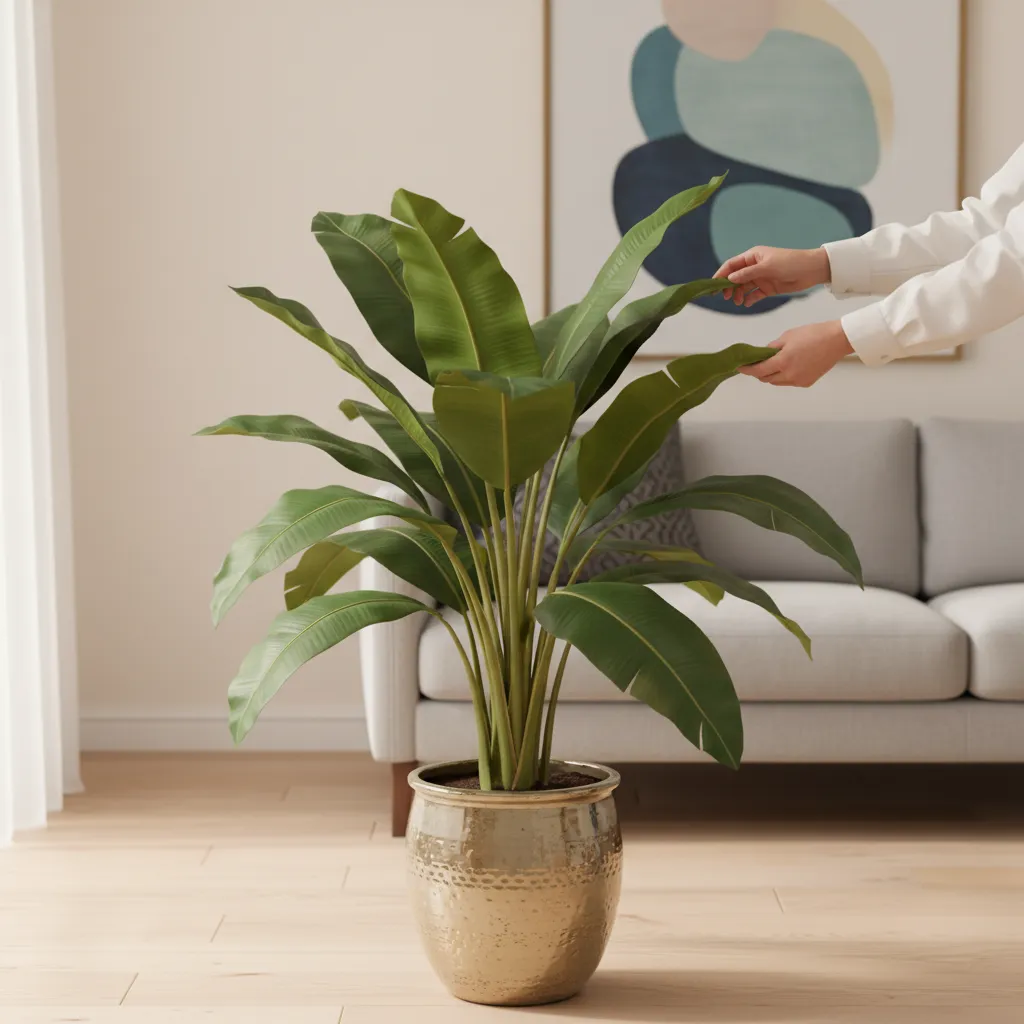 Person reshaping artificial banana leaves for natural look